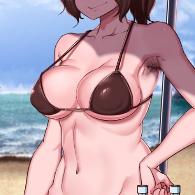 hotdog, lemon snail, 1futa, armpit hair, armpits, beach, big breasts, big penis, bikini, bikini top, bottomless, breasts, brown eyes, brown hair, clothed