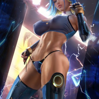 riot games, tan skin, valorant, neon (valorant), sakimichan, 1girls, abs, adjusting hair, areola, areola bulge, areolae, arm length gloves, athletic, athletic female, bare midriff