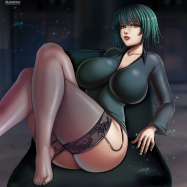 one-punch man, fubuki (one-punch man), flowerxl, 1girls, big breasts, breasts, clothed, clothing, couch, curvaceous, curvy, curvy female, curvy figure, dark hair, dress