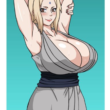 naruto, naruto (series), naruto shippuden, tsunade, naruho, naruko89, armpits, arms behind back, big breasts, blonde hair, blush, brown eyes, cleavage, clothing, curvy