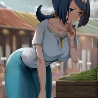 creatures (company), game freak, nintendo, pokemon, pokemon sm, lana's mother (pokemon), tianzhong zhongtian, 1girls, bag, bangs, bent over, blue eyes, blue hair, blue shirt, blue skirt