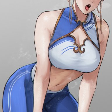 capcom, street fighter, street fighter 6, chun-li, kobi420, 1girls, after workout, asian, asian female, big breasts, blush, breasts, cleavage, female, female only