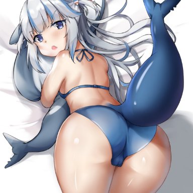 hololive, hololive english, gawr gura, ass, back, bangs, bed, bikini, blue bikini, blue eyes, blue hair, blush, cameltoe, female, fish tail