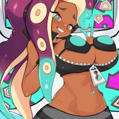 nintendo, splatoon, splatoon (series), splatoon 2, marina (splatoon), octoling, jellcaps, 1girls, asymmetrical hair, beauty mark, belly button piercing, bikini top, breasts, brown skin, crop top