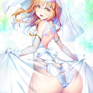 natsusora wakana, nobady, 1boy, ass, femboy, girly, huge ass, orange hair, smile, trap, underwear, wedding dress, white legwear, yellow eyes