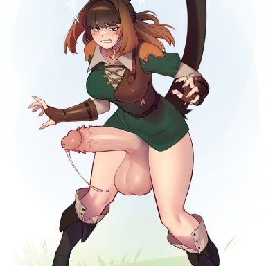 matemi, 1futa, angry, animal ears, balls, barbed penis, big breasts, blonde hair, boots, bottomless, breasts, brown hair, cat ears, cat tail, catgirl