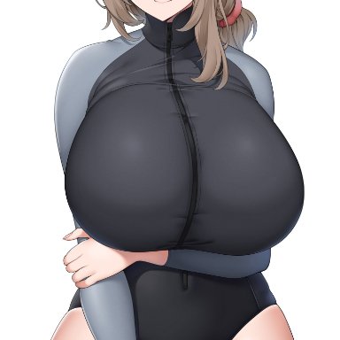 original, original character, suruga (xsurugax), 1girls, arm under breasts, blue eyes, blush, breasts, brown hair, female, female only, hair over one eye, hips, huge breasts, long hair