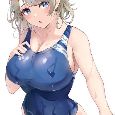 love live!, love live! sunshine!!, watanabe you, yamasonson, 1girls, big hips, blue eyes, breasts, busty, female, female only, grey hair, hand on breast, hips, huge breasts