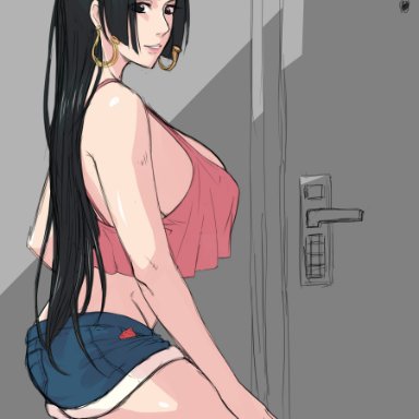 one piece, boa hancock, cherrycola, 1girls, bare shoulders, big breasts, black eyes, black hair, breasts, clothing, condom, crop top, door, earrings, eyelashes