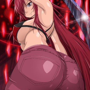 fairy tail, erza scarlet, skyf0rtress, 1girls, alternate costume, alternate hair length, alternate hairstyle, arm up, armpits, ass, back view, bare arms, bare back, bare shoulders, big breasts