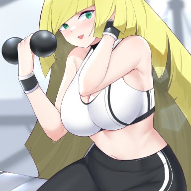 nintendo, pokemon, pokemon sm, lusamine (pokemon), kaos art, 1girls, alternate breast size, blonde hair, breasts, dumbbell, female, female only, green eyes, hair over one eye, hips