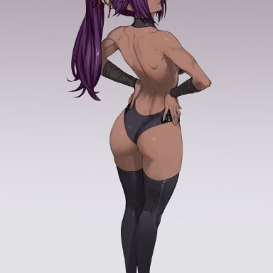 bleach, shihouin yoruichi, ozkh, 1girls, almost naked, arm guards, armwear, ass, athletic, athletic female, back muscles, back view, backless, backless outfit, bare arms