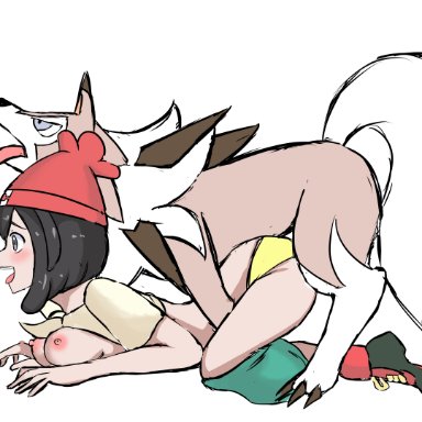 gamefreak, pokemon, pokemon sm, lycanroc, selene (pokemon), nivi, breasts out, canine, doggy style, doggy style position, knotting, nipples, panty, pokephilia, tits out