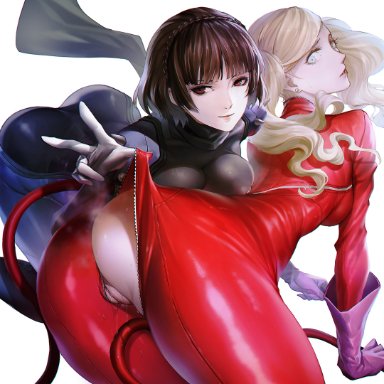 persona, persona 5, ann takamaki, makoto niijima, glassjill, 2girls, ass, blonde hair, blush, bodysuit, breasts, brown hair, earrings, gloves, green eyes