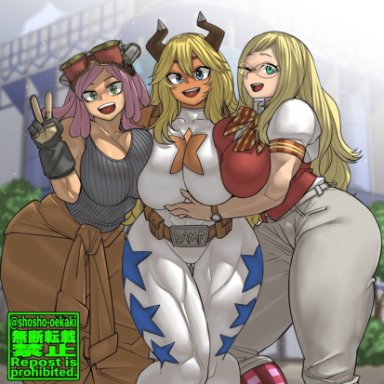 my hero academia, mei hatsume, melissa shield, shosho oekaki, 3girls, big ass, big breasts, thick thighs