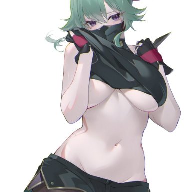 genshin impact, kuki shinobu, ecchi-sama, 1girl, blush, blushing, blushing at viewer, breasts, embarrassed, female only, gloves, green hair, mask, ponytail, purple eyes