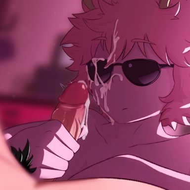 my hero academia, izuku midoriya, mina ashido, greatm8, 1boy, 1girls, handjob, pink hair, pink skin, sunglasses