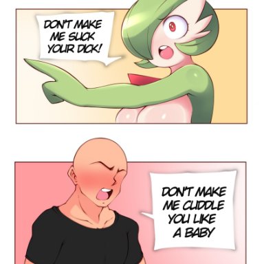 nintendo, pokemon, gardevoir, pok&#233;mon (species), saltyxodium, 1boy, 1girls, anthro, arguing, bald man, blush, blushing profusely, breasts, chest spike, faceless male