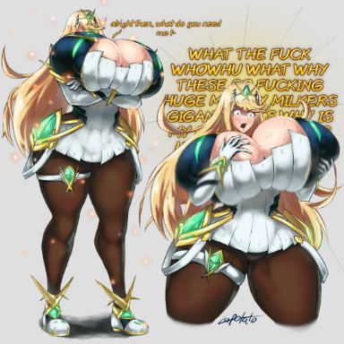 nintendo, xenoblade (series), xenoblade chronicles 2, mythra, lapotato8, 1girls, bangs, blonde hair, breast expansion, breasts, female, female only, flustered, gold eyes, growth