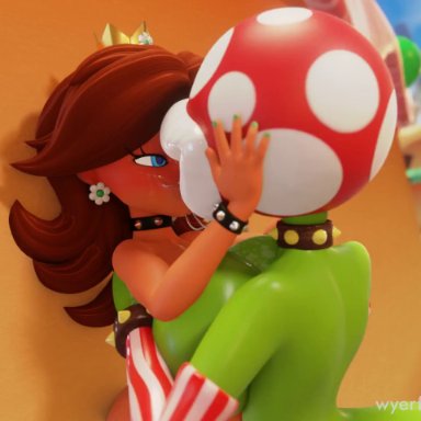 mario (series), nintendo, super mario bros., super mario galaxy, piranha plant, princess daisy, wyerframez, 2girls, anthro, big lips, breasts, brown hair, kiss, kissing, lips