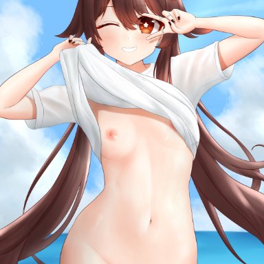 genshin impact, hu tao (genshin impact), 1girl, 1girls, areola, areolae, ass visible through thighs, belly button, blush, blush lines, bottomless, breasts, brown hair, flat chest, hourglass figure