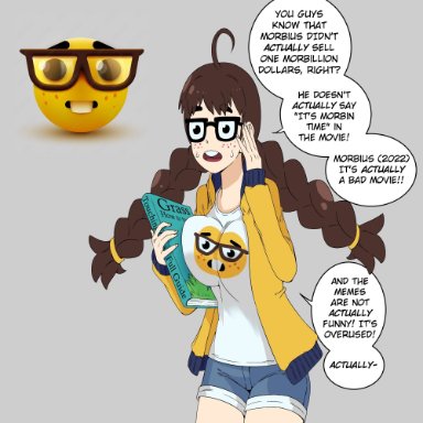 morbius (film), nerd emoji, wanderjegson, book, breast press, breasts, brown hair, emoji, freckles, funny, glasses, grass, humor, jean shorts, long neck