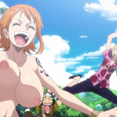 one piece, nami, sanji, usopp, mr.russo, bouncing breasts, female focus, orange hair, short hair, topless, screencap, screenshot edit