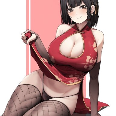 original, ddangbi, ahoge, bangs, bare shoulders, black hair, blunt bangs, braid, breasts, bridal gauntlets, brown eyes, brown legwear, brown panties, china dress, chinese clothes