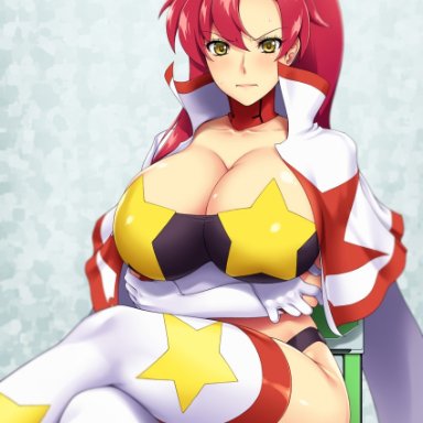 tengen toppa gurren lagann, yoko littner, ameoto, 1female, 1girls, annoyed, annoyed expression, arms crossed, arms crossed under breasts, blurry background, blush, blushing at viewer, breasts, bursting breasts, cape