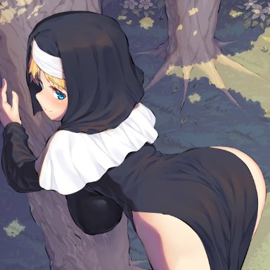 sakimori dan, against tree, ass focus, barely clothed, bent over, big ass, big breasts, blonde hair, blue eyes, blush, female, female only, looking at viewer, looking back, nun