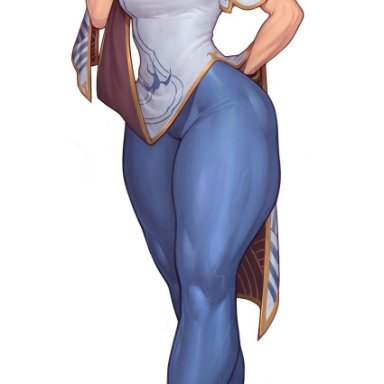 street fighter, street fighter 6, chun-li, asura (artist), asura (asurauser), blue pants, bracelet, brown eyes, chest cutout, chinese clothes, clothes lift, double bun, flats, full body, hair bun