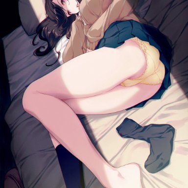 original, 40hara, 1girls, ass, barefoot, bed, black footwear, black skirt, breasts, brown cardigan, cameltoe, cardigan, cellphone, dress, feet