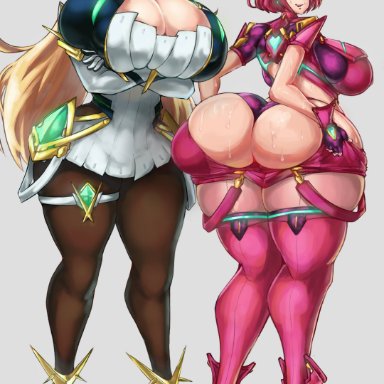 nintendo, xenoblade (series), xenoblade chronicles 2, mythra, pyra, lapotato8, 2girls, ass, ass expansion, ass size difference, bangs, blonde hair, booty shorts, breast expansion, breast size difference