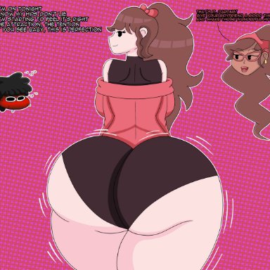 friday night funkin, girlfriend (friday night funkin), oc, soft gf, jamaicanhedgie08, 1boy, 2girls, ass, background, big ass, blush, bow, dark skin, earrings, female