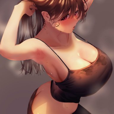 original, inushima, adjusting hair, armpits, arms behind head, ass, ass cleavage, bangs, black pants, black tank top, blush, breasts, breath, brown eyes, brown hair