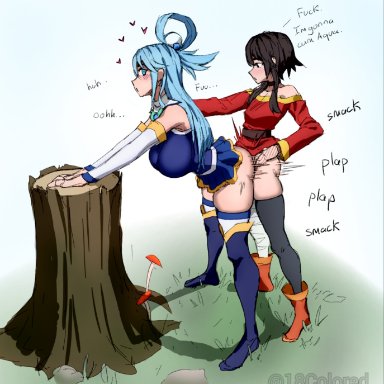 aqua (konosuba), megumin, makinakid, 1futa, 1girls, ambiguous penetration, ambiguous species, ass, bent over, big breasts, black legwear, blue boots, blue dress, blue eyes, blue hair