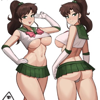 bishoujo senshi sailor moon, makoto kino, sailor jupiter, donburikazoku, 1girls, ass, breasts, brown hair, crop top, female, female only, green eyes, hips, huge ass, huge breasts