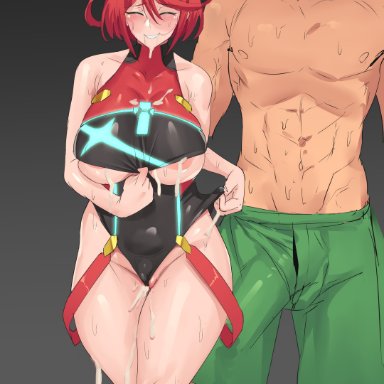 monolith soft, nintendo, xenoblade (series), xenoblade chronicles 2, pyra, artist request, 1boy, 1girls, abs, blush, boner, cheating, closed eyes, core crystal, cum