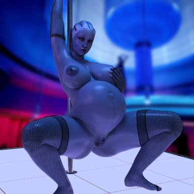 mass effect, asari, liara t'soni, breedingduties, 1girls, alien, belly, big belly, big breasts, blue skin, breasts, female, female only, fishnet armwear, fishnet stockings