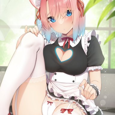 original, alternate costume, animal ears, apron, blue eyes, blue hair, blush, bow, bow panties, breast press, breasts, cameltoe, cat ears, cleavage, cleavage cutout