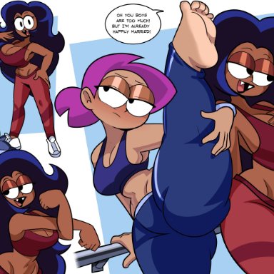 cartoon network, ok k.o.! let's be heroes, enid, wilhamena, superspoe, 2girls, barefoot, dark-skinned female, feet, highlighted soles, milf, mother and daughter, no shoes, purple hair, shoes removed