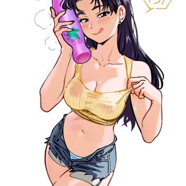 neon genesis evangelion, misato katsuragi, snegovski, belly, belly button, big breasts, blush, blushing, breasts, crop top, dildo, drunk, huge breasts, milf, older female