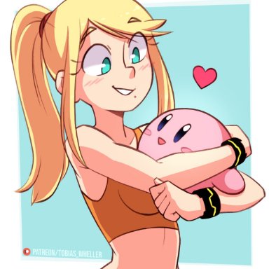 kirby (series), metroid, nintendo, kirby, samus aran, zero suit samus, tobias wheller, 1boy, 1girls, belly, belly button, blush, bracelet, cleavage, crop top