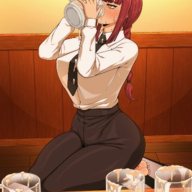 chainsaw man, makima (chainsaw man), akazai, 1girls, barefoot, beer bottle, drinking, drinking cum, female, naughty face, seductive look