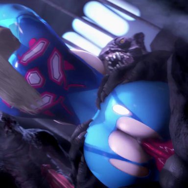 metroid, nintendo, samus aran, zero suit samus, ambrosine92, 1boy, 1girl, 1girls, ass, ass grab, bestiality, butt, cage, huge ass, huge breasts