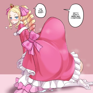 beatrice (re:zero), ihcaris, 1futa, 1girls, bent over, blonde hair, blush, clothed, clothing, cum, dress, drill hair, female, fully clothed, futa on female