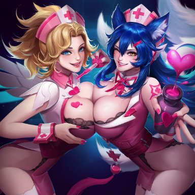 blizzard entertainment, league of legends, overwatch, riot games, ahri, mercy, vastaya, citemer, 9 tails, animal ear fluff, animal ears, animal girl, big breasts, black hair, breasts
