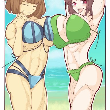 undertale, chara, frisk, theninjadark, 2girls, brown hair, female, female only, hairless armpits, heart-shaped pupils, muscular female, red eyes, rosy cheeks, 2022, tagme