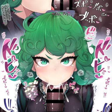 one-punch man, tatsumaki, hiiro h, :&gt;=, clothing, cum, cum in mouth, cum inside, curly hair, dark-skinned male, dark skin, fat man, fellatio, green eyes, green hair