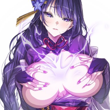genshin impact, raiden shogun, rantia, bangs, blue flower, blunt bangs, blush, braid, breasts, breasts apart, breasts out, bridal gauntlets, covering, covering breasts, electricity